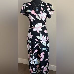 Black Floral Wrap Maxi Dress with Pink & Cream Blooms